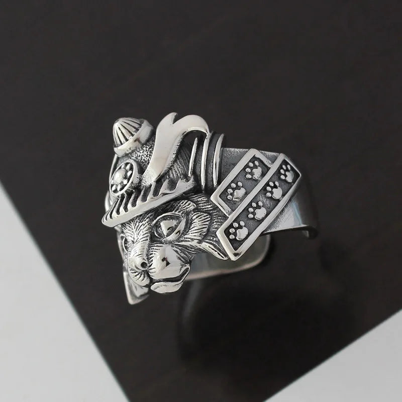 Gothic Samurai Cat Open Ring, Silver-Tone — Zinc Alloy