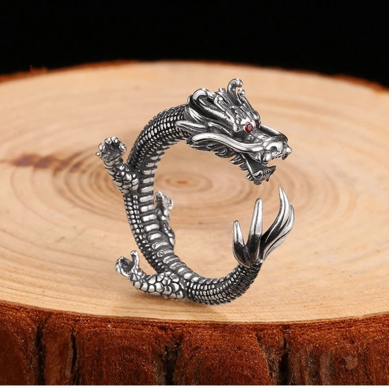 Buyee 925 Sterling Silver Unique Male Ring Finger for Women Men Fashion Chinese Dragon Animal Rock Punk Fine Jewelry