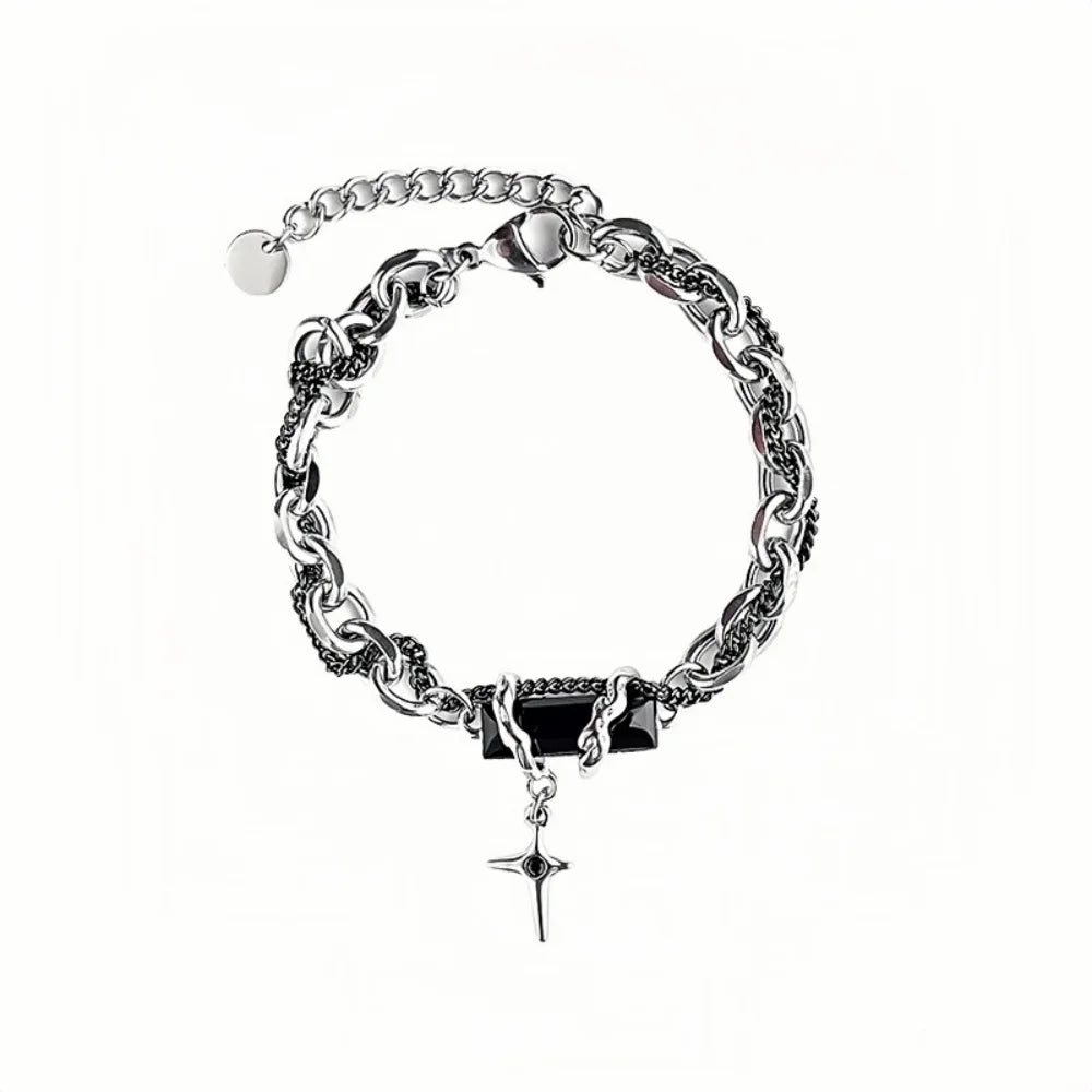 Hip Hop Black Crystal Bracelet Simple Cuban Chain Silver Color Stainless Steel Men Bracelet Retro Jewelry Trendy