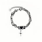 Hip Hop Black Crystal Bracelet Simple Cuban Chain Silver Color Stainless Steel Men Bracelet Retro Jewelry Trendy