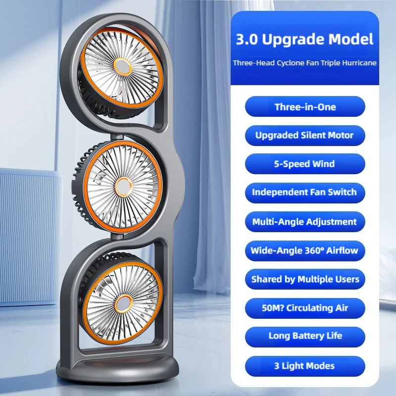 TINSOL New Portable USB Rechargeable Three-Head Fan – 360° Circulation, 5-Speed Wind, Dormitory and Outdoor Desktop Fan