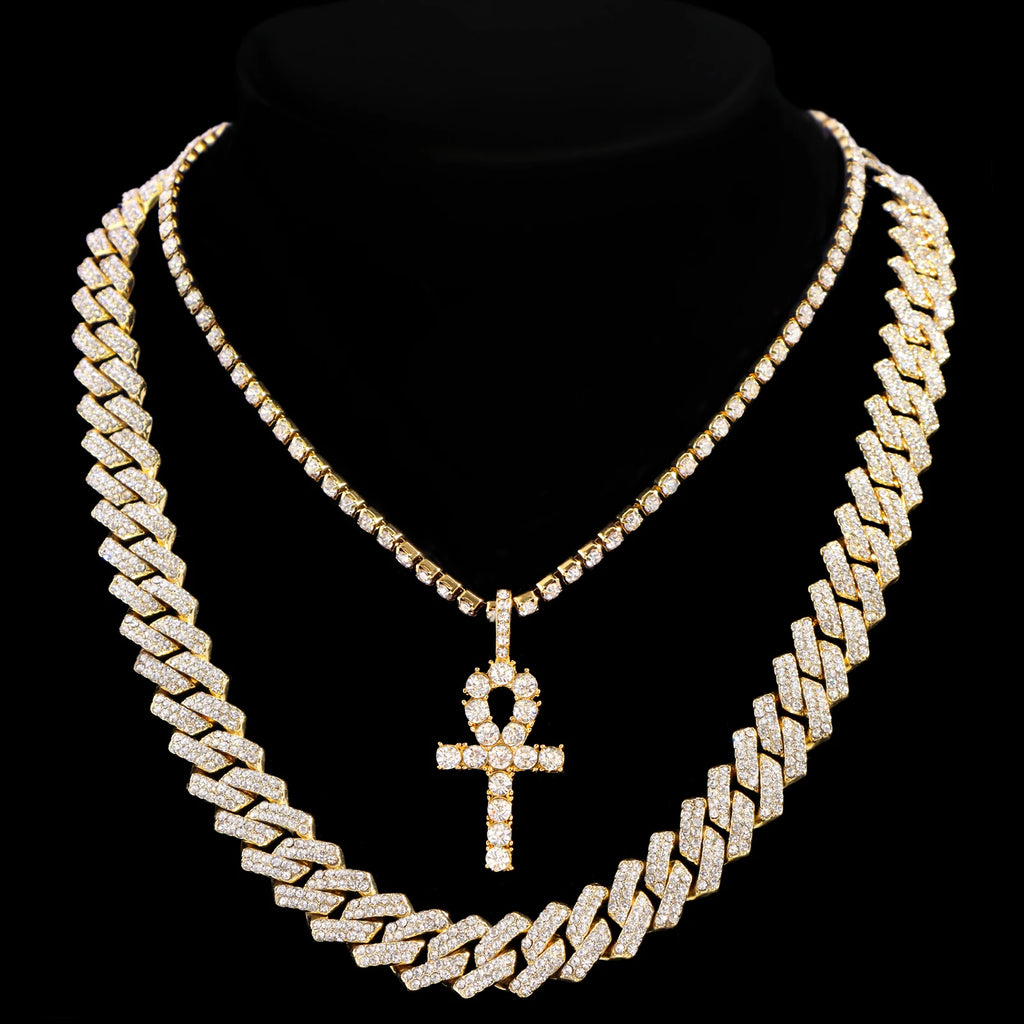 2Pcs Punk Crystal Cross Ankh Tennis Chain Iced Out Prong Cuban Link Chain Necklace For Men Women Rapper Necklaces
