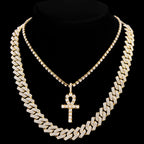 2Pcs Punk Crystal Cross Ankh Tennis Chain Iced Out Prong Cuban Link Chain Necklace For Men Women Rapper Necklaces