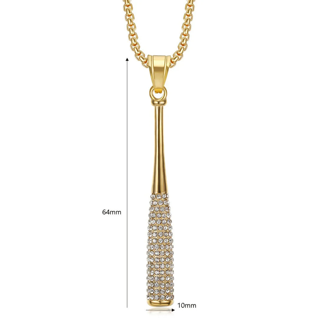 Iced Out Baseball Bat Pendant Necklace — Two-Tone Steel