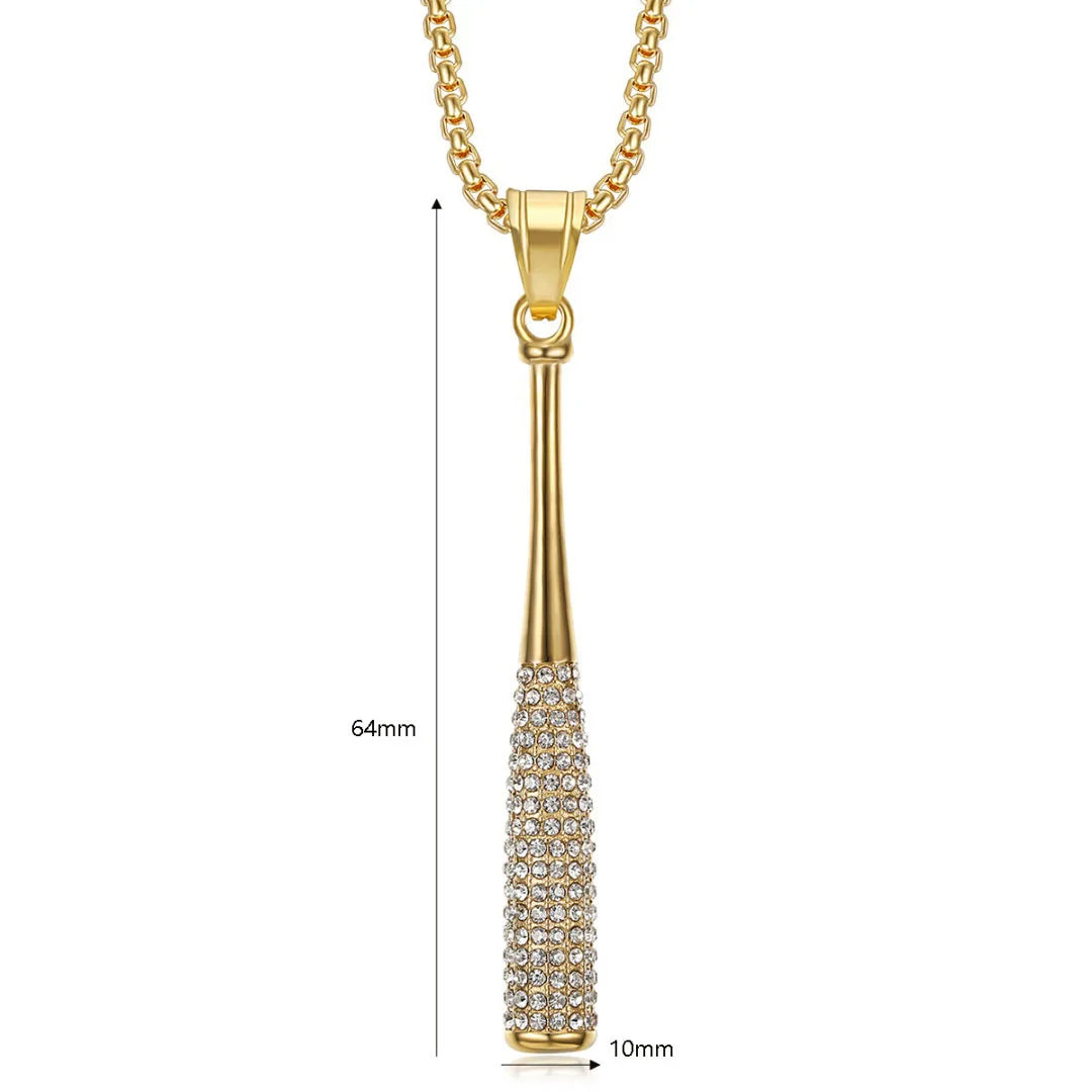 Iced Out Baseball Bat Pendant Necklace — Two-Tone Steel