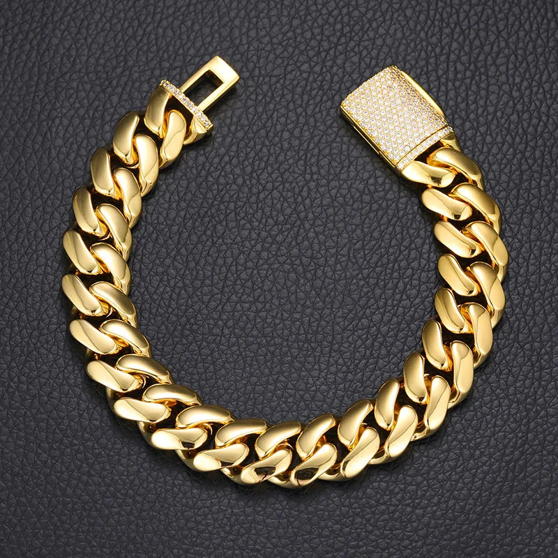 Luxury 24K 9999 Pure Gold real gold 10MM 12MM Width Large Cuban Chain Bracelet Inlaid Full Diamond Bracelet