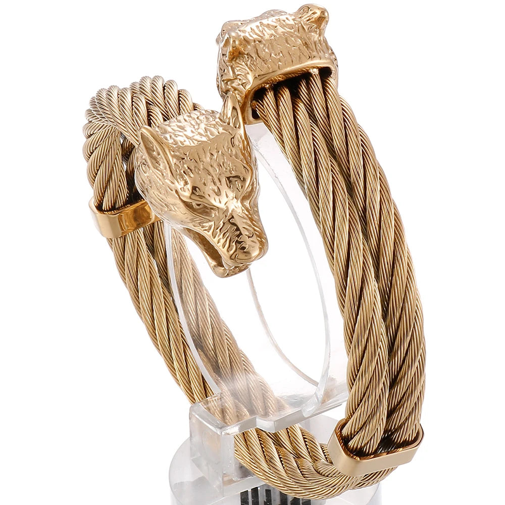Viking Wolf Head Twisted Cable Open Cuff Bangle Bracelet For Men Stainless Steel Men's Bracelets Rock Roll Jewelry