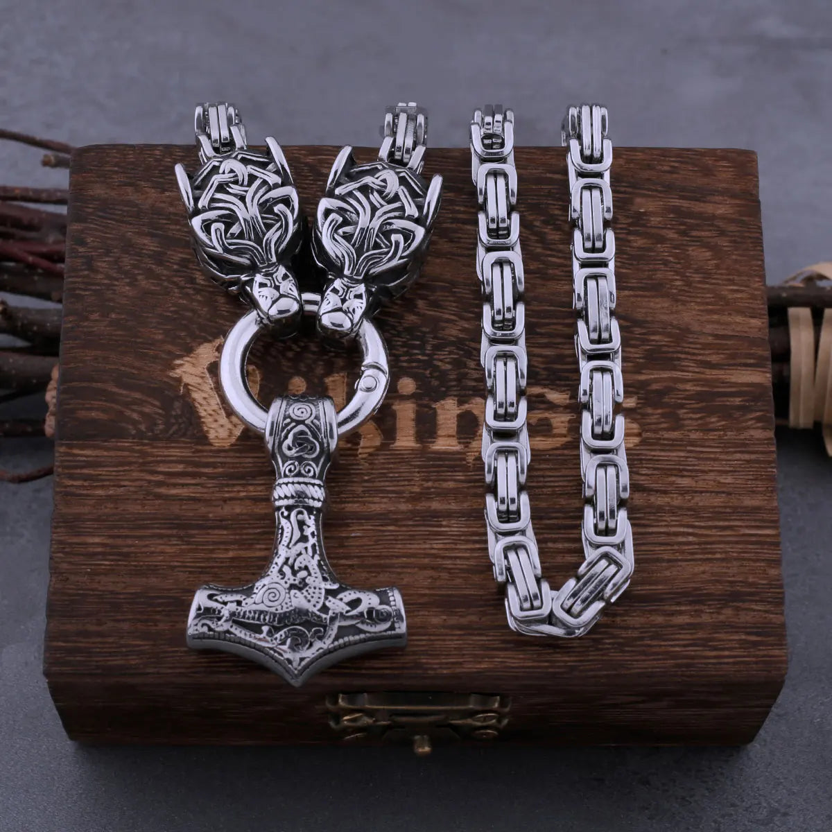 Viking Stainless Steel Wolf Head Thor's Hammer Necklace Men Punk Hip Hop Thick Chain Necklace Nordic Amulet Rune for