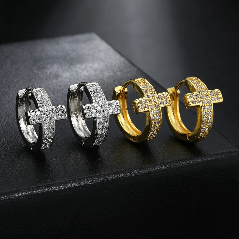Cross Iced Out Earrings Stainless Steel CZ