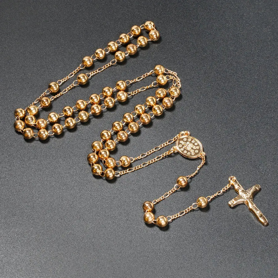 6MM Metal Beads Rosary Necklaces For Women Men Long Chain Crucifix Cross Pendant Necklace Religious Praye Jewelry
