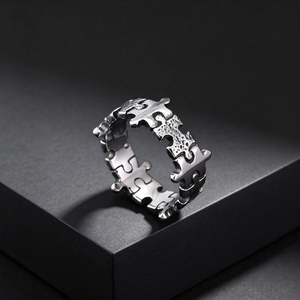 Hammered Jigsaw Puzzle Ring for Men — Stainless Steel