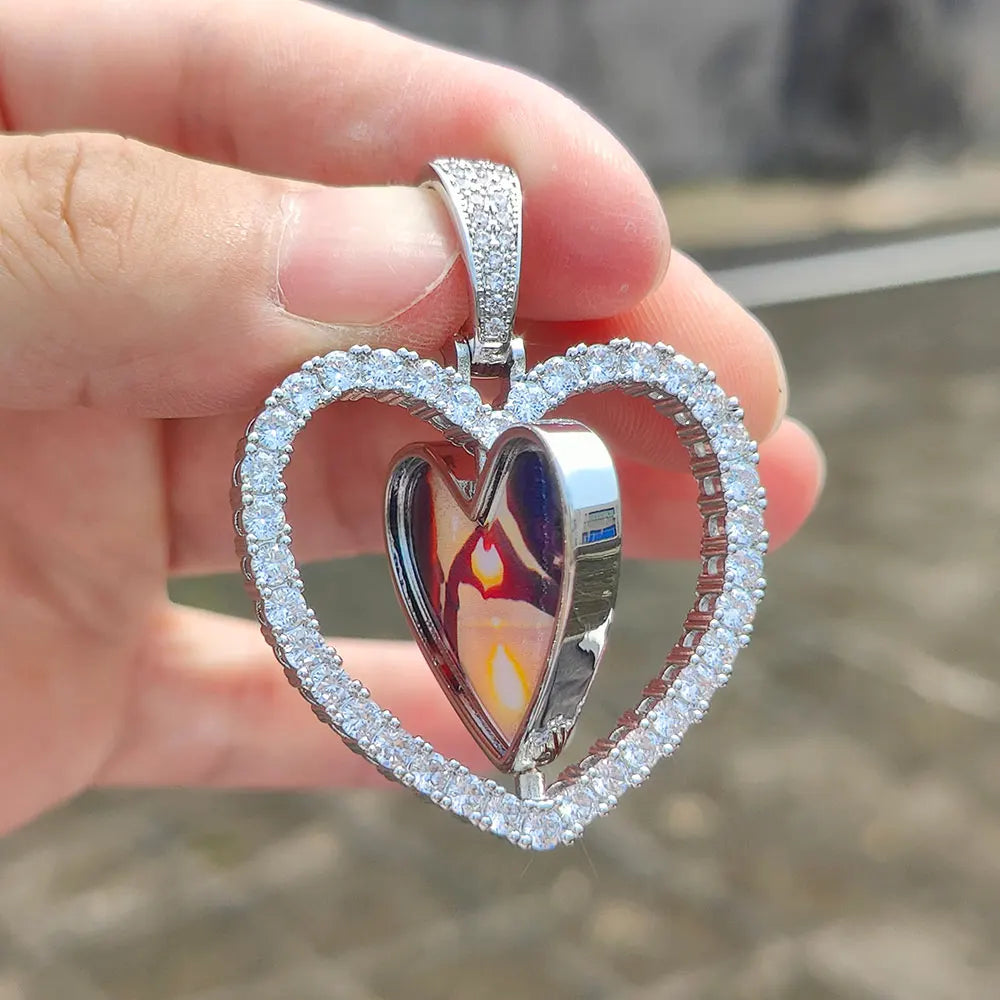 Iced Out Heart Photo Pendant Necklace