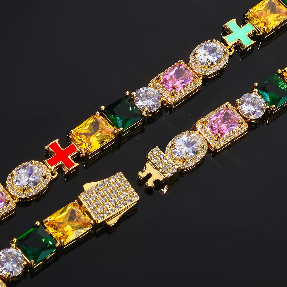 Cross Iced Out Gemstone Bracelet Stainless Steel