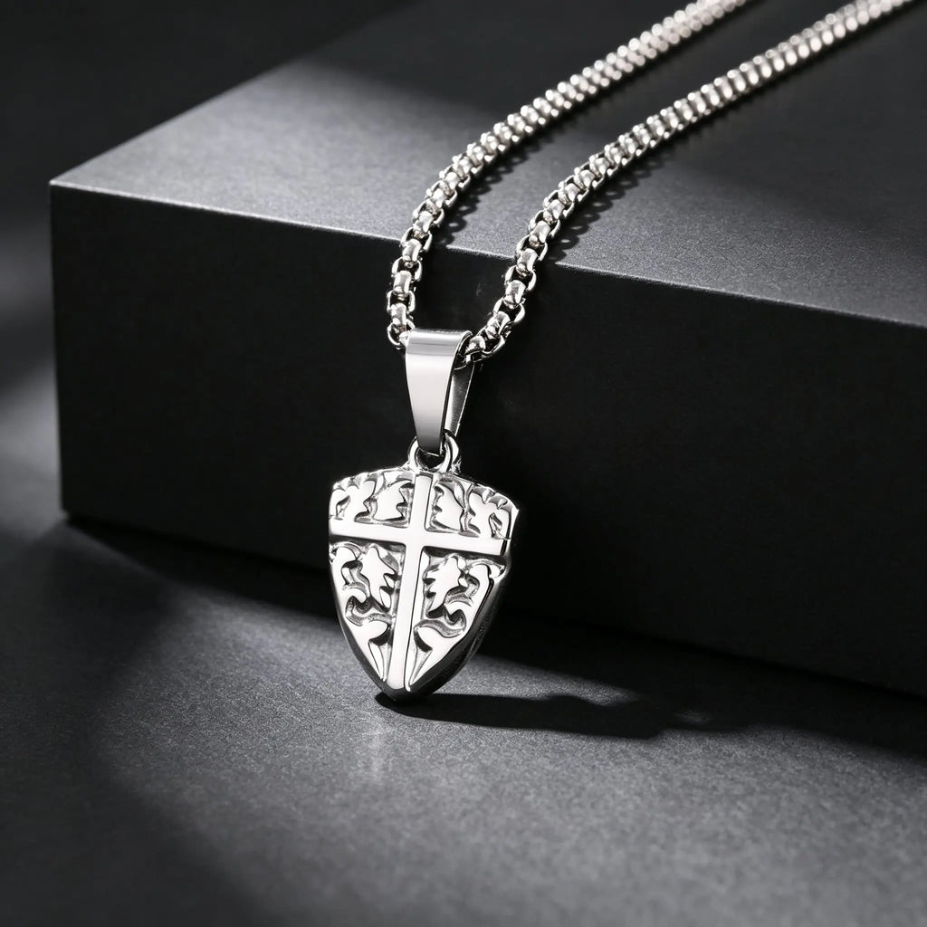 Men's Fashion Cross Shield Pendant Necklace, Waterproof Stainless Steel Punk Necklace with Box Chain, Retro Jewelry