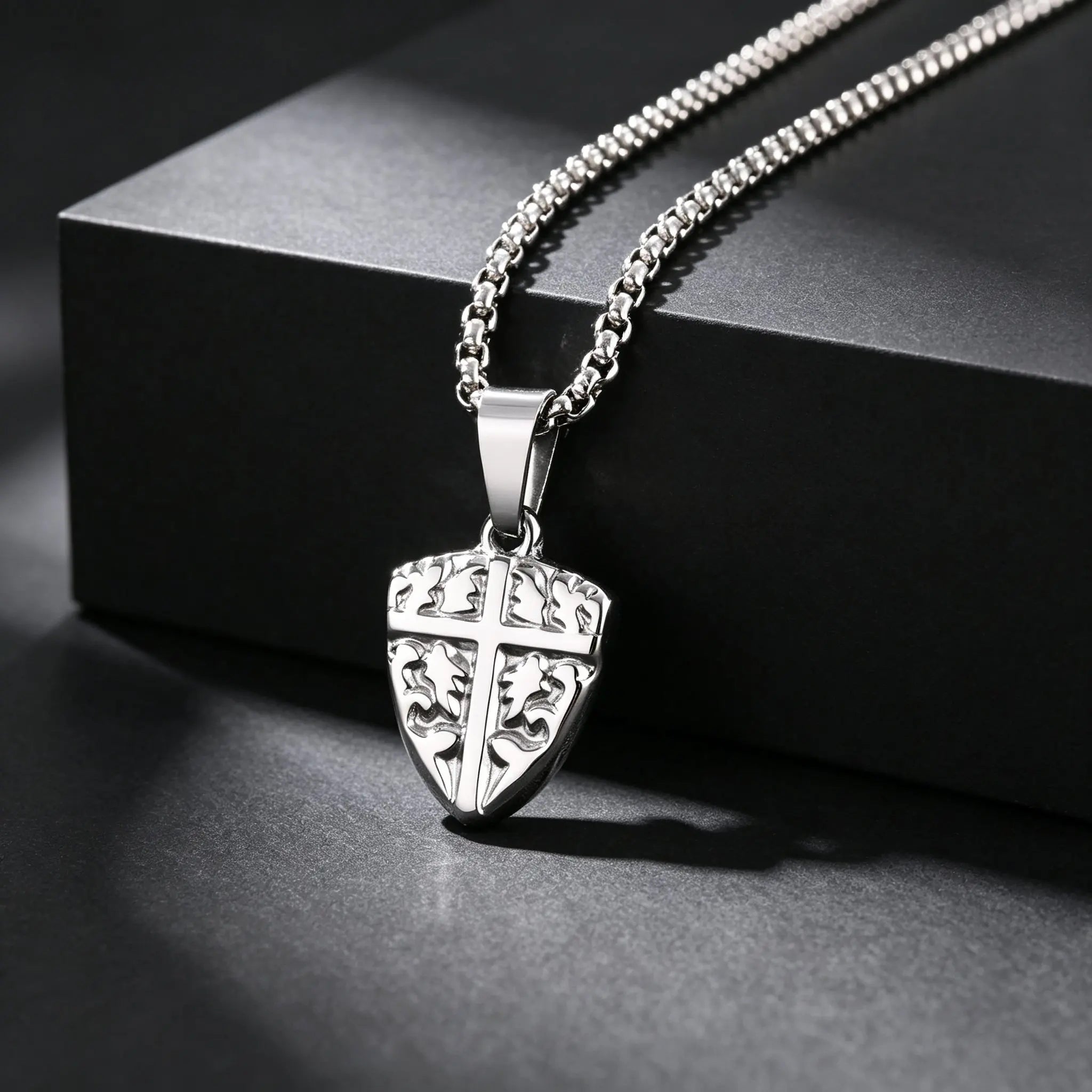 Men's Fashion Cross Shield Pendant Necklace, Waterproof Stainless Steel Punk Necklace with Box Chain, Retro Jewelry