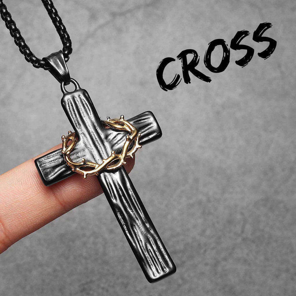 Thorn Cross Pendant Necklace — Stainless Steel