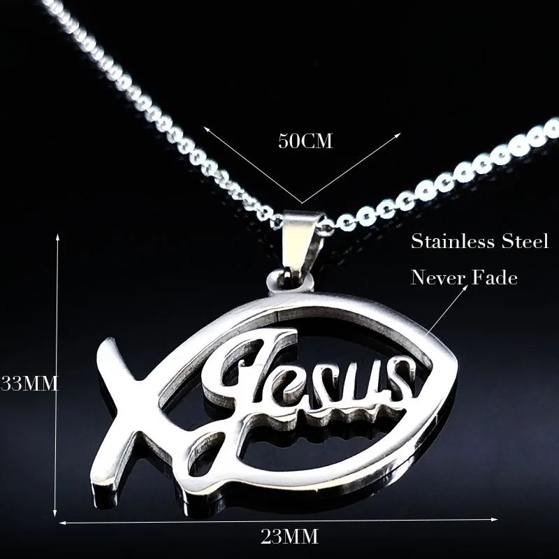 Stainless Steel Jesus Christ Male Necklaces Fish Christian Ichthys Fish Pendant Necklaces Jewelry Women or Men Collares
