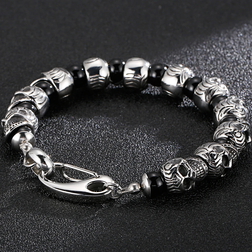 Punk Gothic Stainless Steel Skeleton Jewelry Full Skull Heads Chain Man Bracelet for Men Black Plastic Beads Bracelets