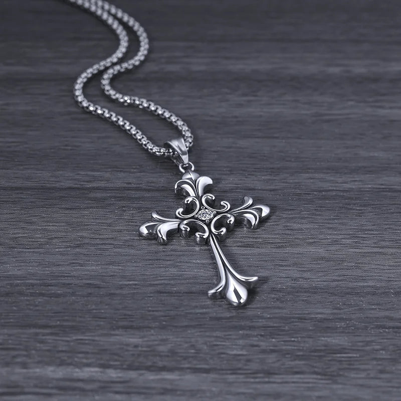 Gothic Style Retro Rhinestone Cross Stainless Steel Pendant ins Hip-Hop Men's Fashion Personality Versatile Necklace