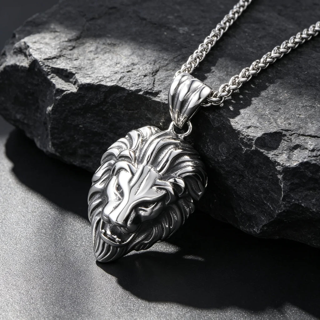 Vintage Lion Head Pendant Necklace, 60cm — Stainless Steel