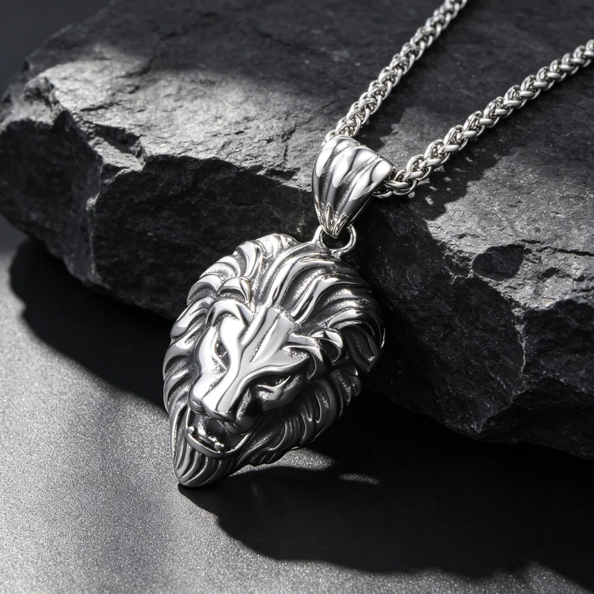 Vintage Lion Head Pendant Necklace, 60cm — Stainless Steel