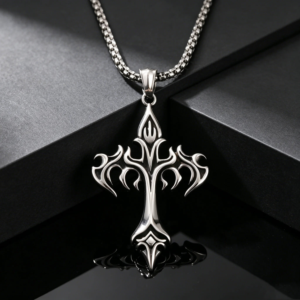 Gothic Hip Hop Flame Cross Pendant Necklace for Men, Silver Color Stainless Steel Non-fading Necklace,Waterproof
