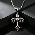 Gothic Hip Hop Flame Cross Pendant Necklace for Men, Silver Color Stainless Steel Non-fading Necklace,Waterproof