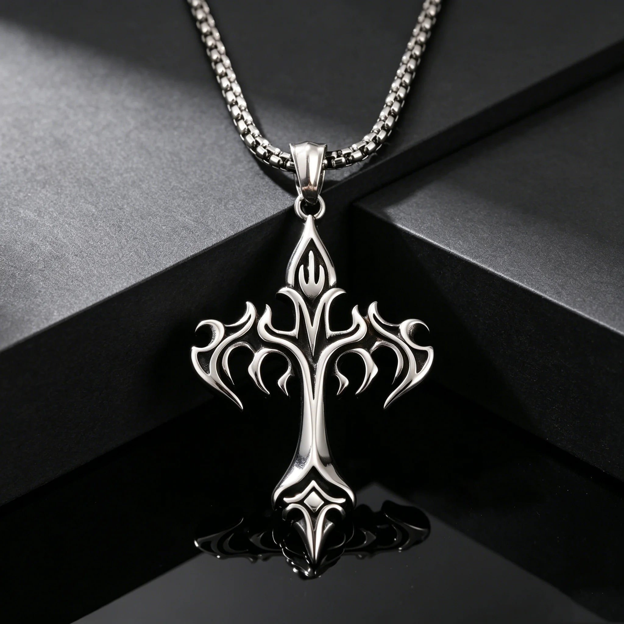 Gothic Hip Hop Flame Cross Pendant Necklace for Men, Silver Color Stainless Steel Non-fading Necklace,Waterproof