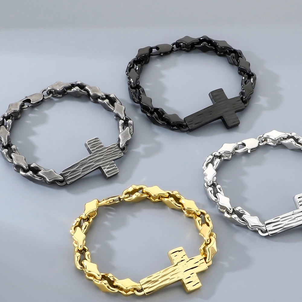 Vintage Cross Bracelet for Man 8MM Wide Waterproof Stainless Steel Chain Bracelets Gifts for Husband Boyfriend Pulsera