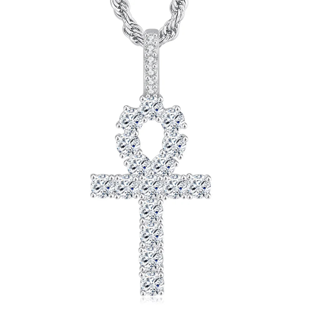 Gold Iced Out Cross Ankh Pendant Necklace