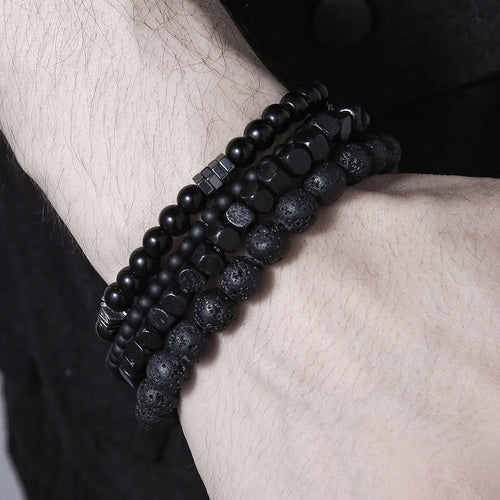 4PC Volcano Stone Black Gallstone Beaded Bracelets for Men Trendy Fashion Lava Wood Beads Bracelet Set Combination Hip