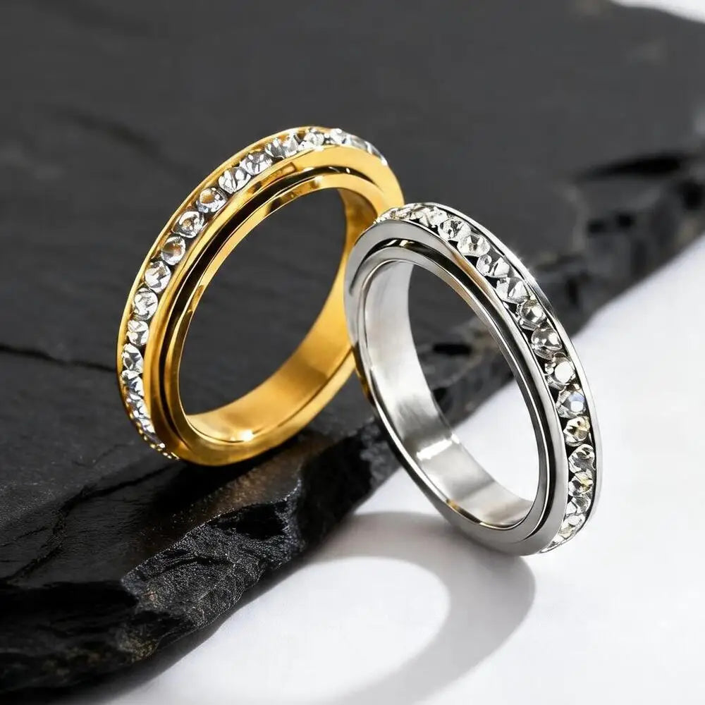 Iced Out Zircon Spinner Ring — Stainless Steel