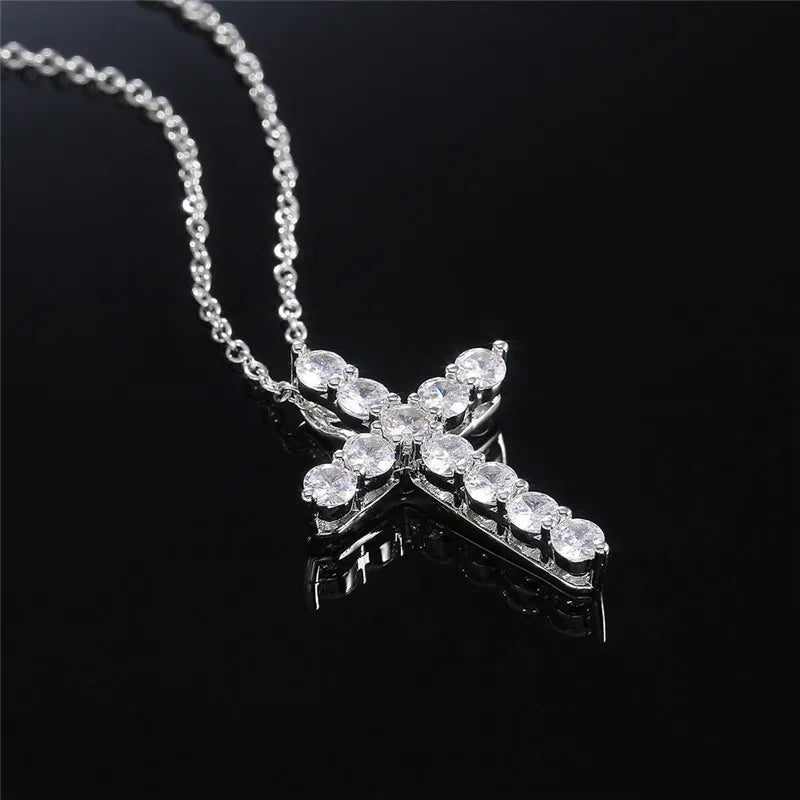 925 Sterling Silver Cross Necklaces for Female Brilliant Round CZ Stone Women's Neck Chain Hiphop Party Jewelry