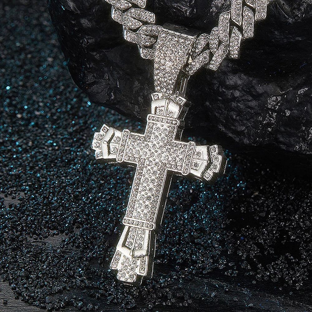 Iced Out Cross Pendant Necklace with Miami Cuban Chain Link