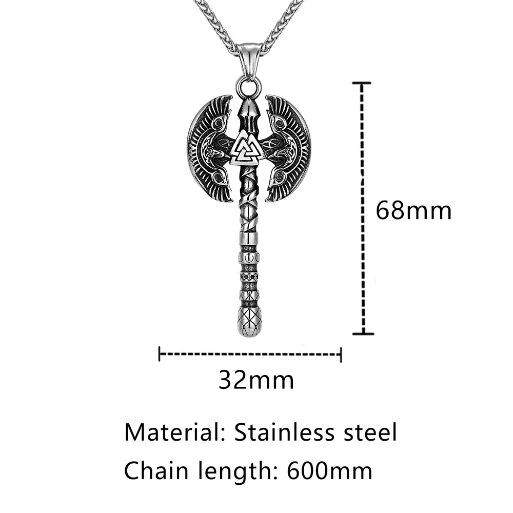 Norse Runes Odin's Raven Giant Axes Necklaces Men Stainless Steel Vikings Valknut Amulet Pendant Scandinavian Jewelry Male Gifts