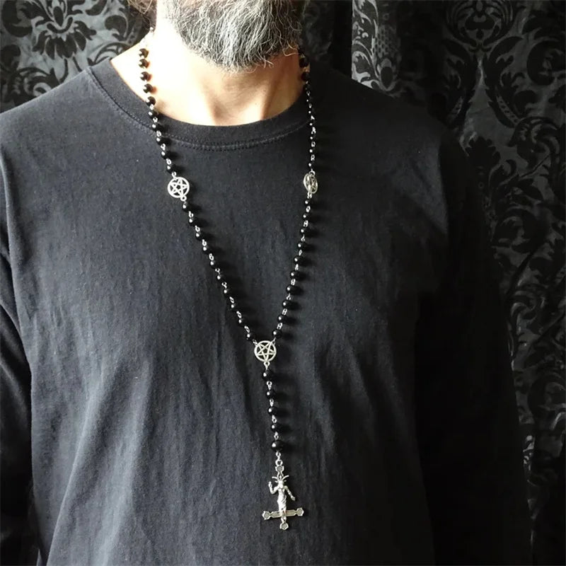 Baphomet Pentagram Cross Necklace — Black Metal