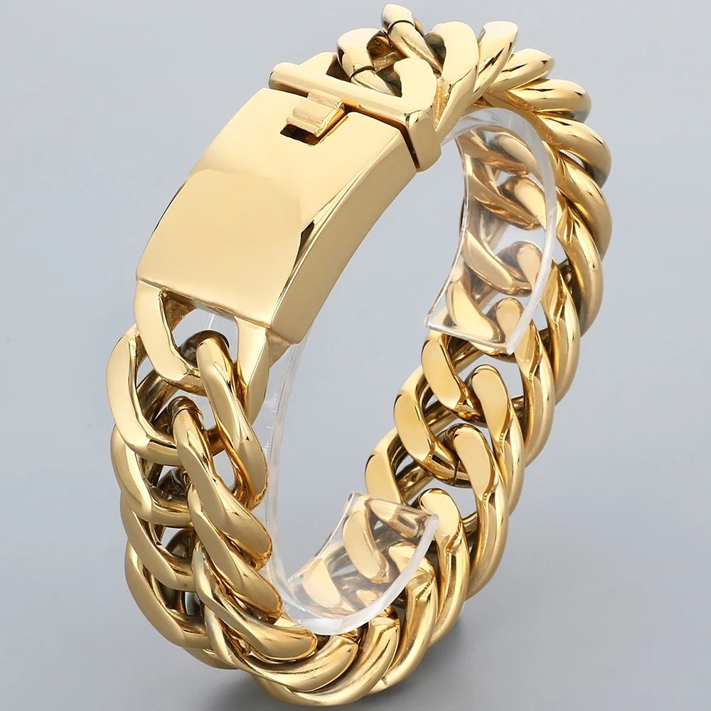 Cool 17MM Width Curb Cuban Link Chain Bracelet for Man Polished Stainless Steel Men's Bracelets Punk Rock Jewelry