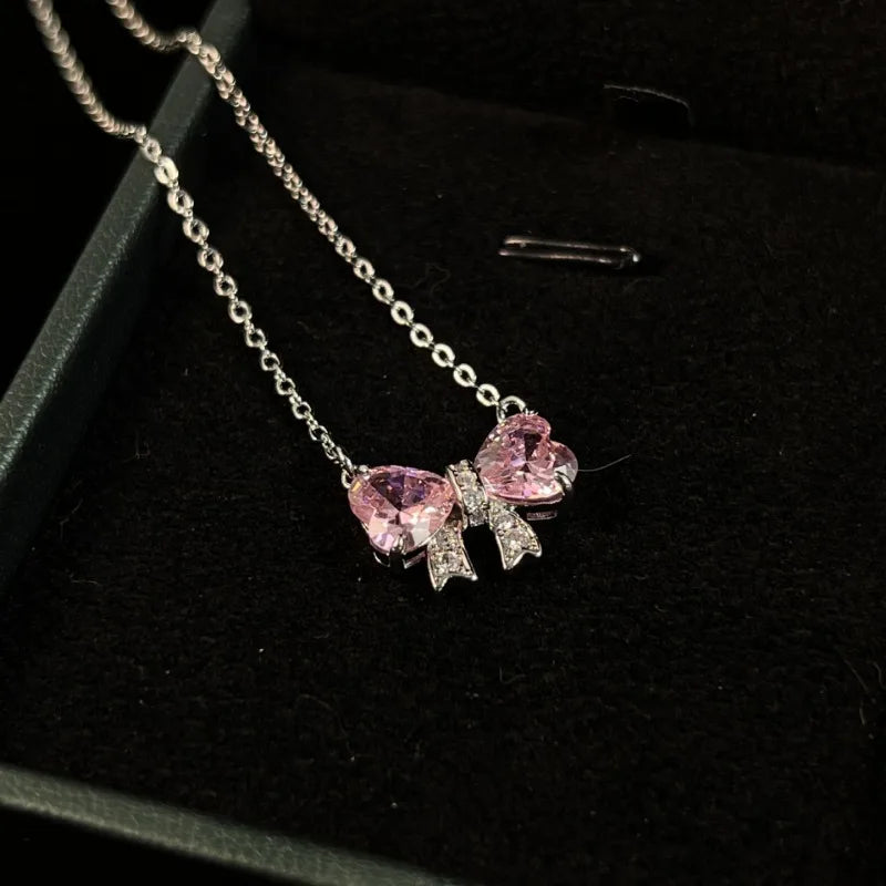 Pink Bow Zircon Clavicle Necklace — SS