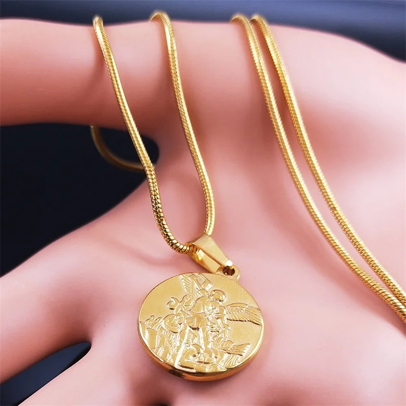 SAINT MICHAEL PROTECT US Archangel Stainless Steel Necklaces Chain Men/Women Gold Color Choker Necklace Jewelry joyas