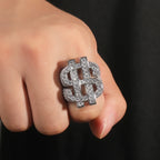 Iced Out Dollar Sign Ring for Men — Two-Tone CZ Pave