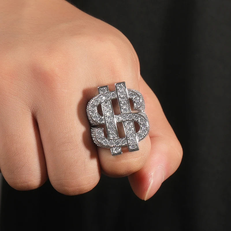 Iced Out Dollar Sign Ring for Men — Two-Tone CZ Pave