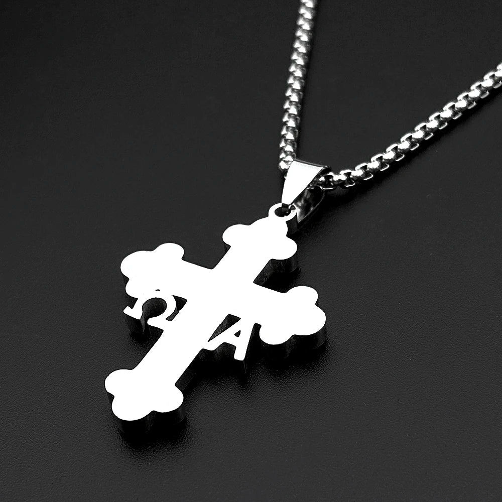 Orthodox Alpha Omega Cross Necklace Men Women Stainless Steel Gold Color Crystal Byzantine Chain Religious Faith
