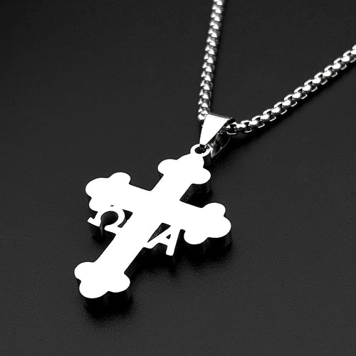 Orthodox Alpha Omega Cross Necklace Men Women Stainless Steel Gold Color Crystal Byzantine Chain Religious Faith