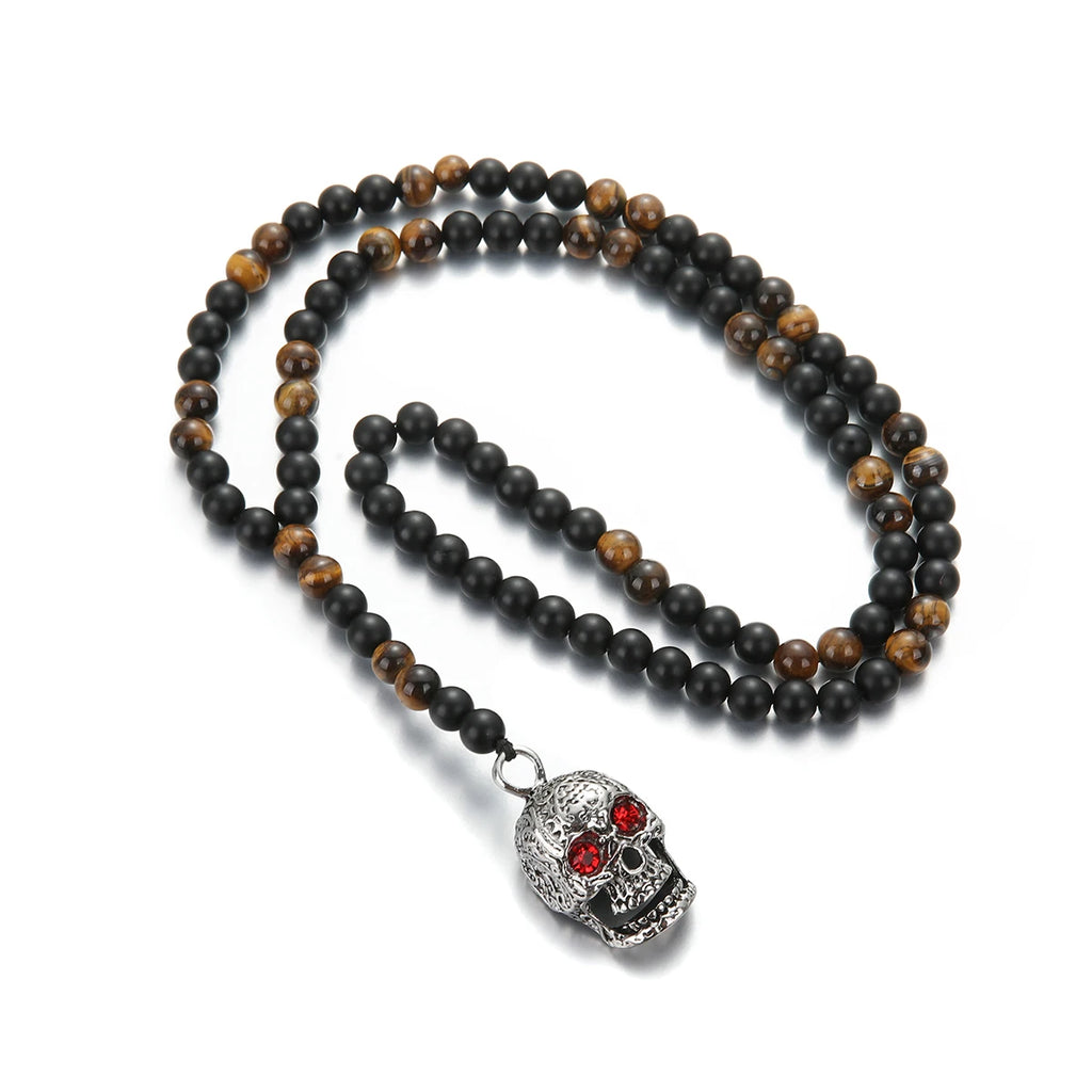 Skull Pendant Black Beaded Necklace for Men and Women, 72cm