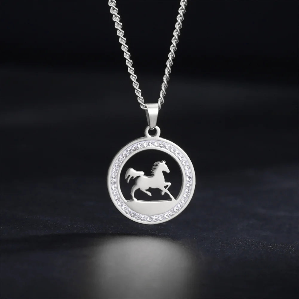 My Shape Running Horse Pendants Necklace Stainless Steel Rhinestone Pendant Necklaces Choker Chain Horse Lover Fashion Jewelry
