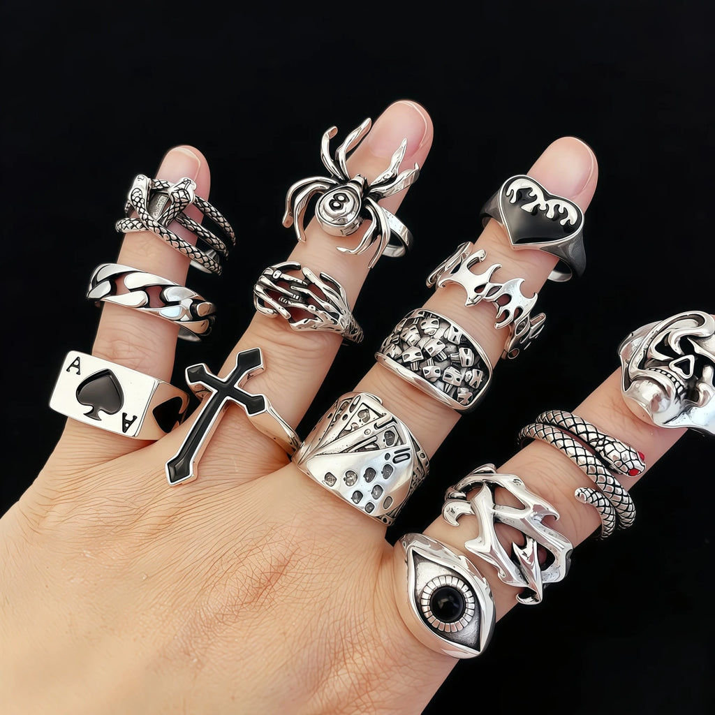 12/24/48/100Pieces Vintage Punk Rings Set For Women Men Mix Style Hip Hop Heart Snake Skull Eye Finger Ring Jewelry