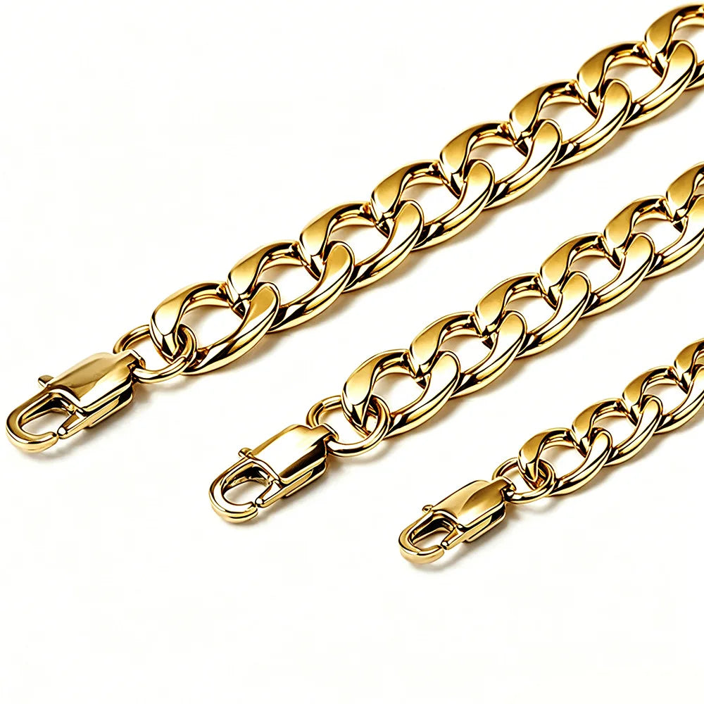 HNSP PVD Gold Plated 316L Stainless Steel Cuban Link Chain Necklace For Men Multi Size Thick Curb Chain Waterproof