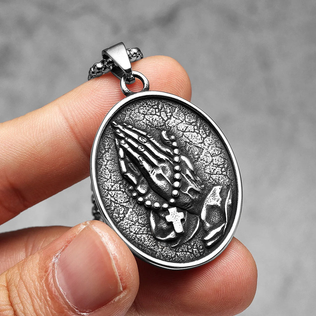 Praying Hands Cross Pendant — Stainless Steel
