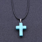 Tiny Natural Stone Turquoise Opal Cross Pendant Necklace With Stones Women Leahter Chain Choker Female Jewelry Party Girls Gift