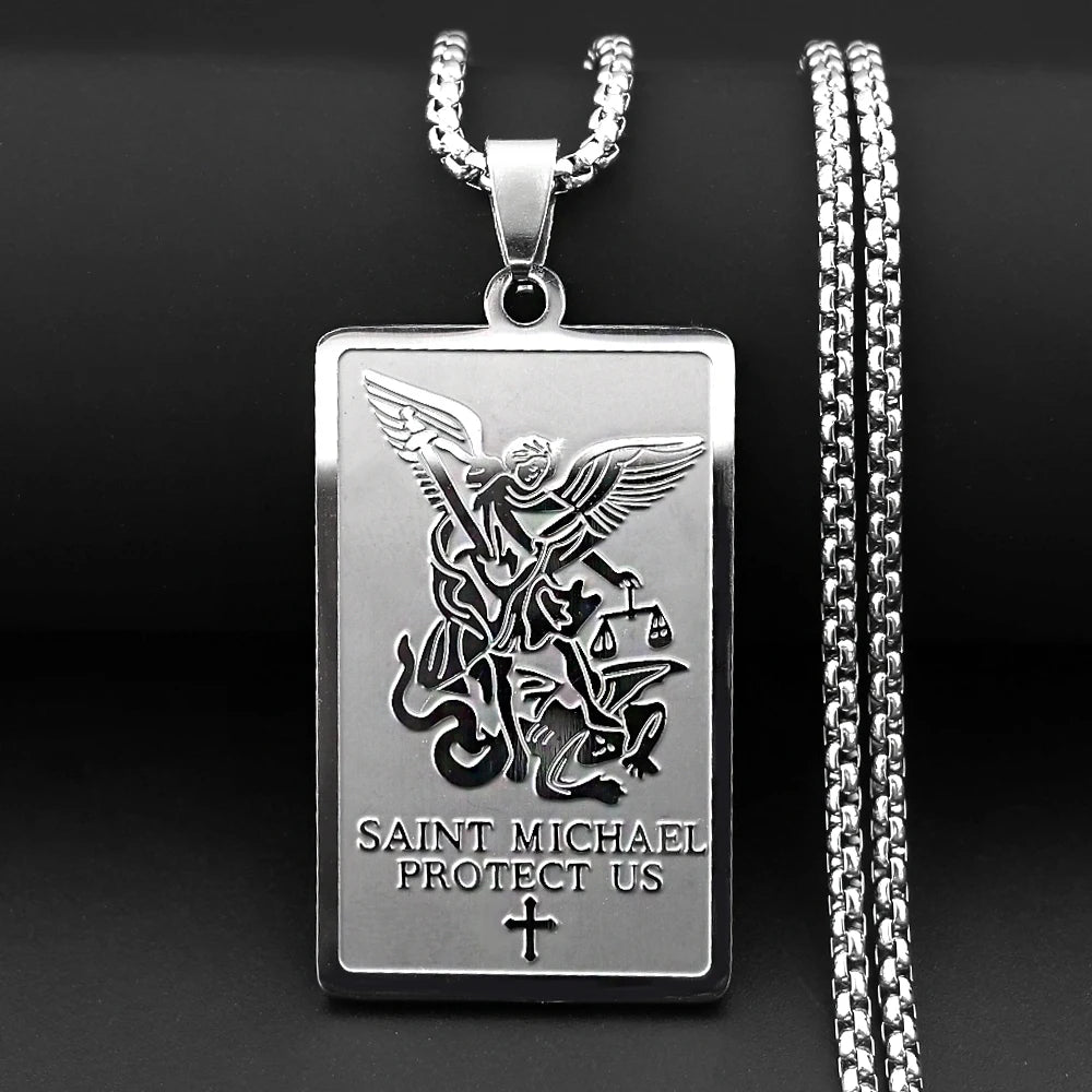 Christian Archangel Saint Michael Protect Us Cross Medal Pendant Necklace Stainless Steel Chain Amulet Jewelry Gift